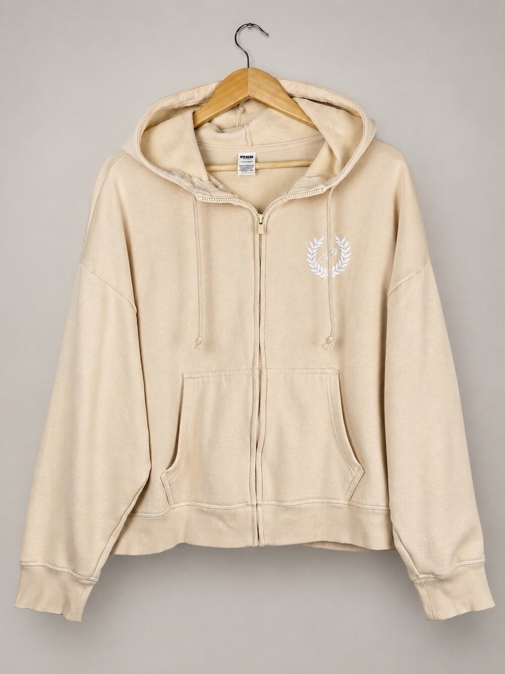 PINK Victoria’s Secret Ivy Fleece Campus Full Zip Hoodie Women’s L Cream Logo